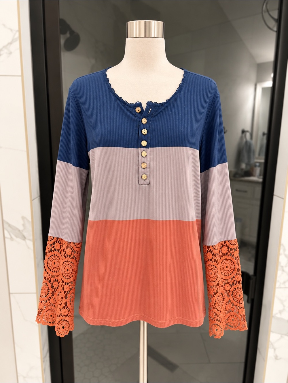 Colorblock Lace-Sleeve Henley Top - Blue, Gray & Orange